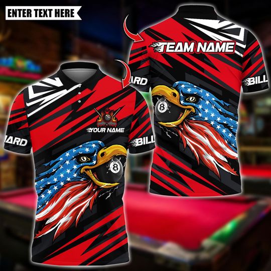 Discover Personalized Name Billiards Polo Shirt, American Eagle 8 Ball Design, Custom Team Shirt for Men, Gift for Billiards Players