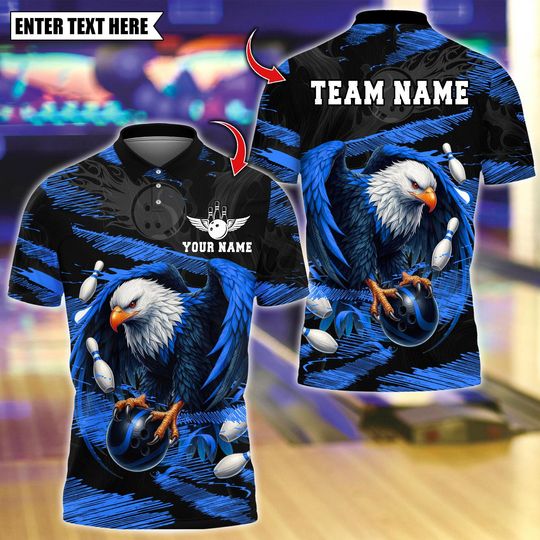 Personalized Bowling Polo Shirt, Bald Eagle With Bowling Design, Custom Bowling Polo for Men Women, Personalized Name Team 3D Shirt