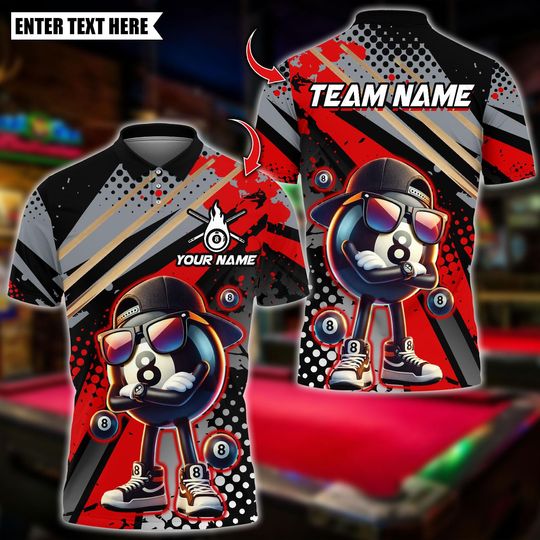 Discover Personalized Name Billiards Polo Shirt, Cool 8 Ball Catoon Design, Custom Team Shirt for Men, Gift for Billiards Players