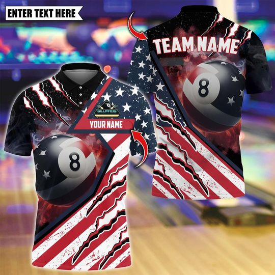 Discover Personalized Name Billiards Polo Shirt, Billiards 8 Ball American Flag Patriot Design, Custom Team Shirt for Men, Gift for Billiards Players