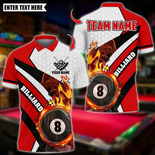 Discover Personalized Name Billiards Polo Shirt, Fire Dragon 8 Ball Design, Custom Team Shirt for Men, Gift for Billiards Players