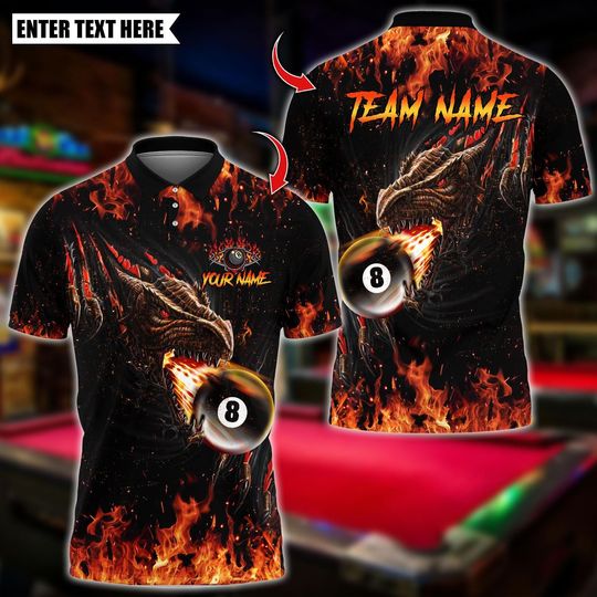 Discover Personalized Name Billiards Polo Shirt, Fire Dragon 8 Ball Design, Custom Team Shirt for Men, Gift for Billiards Players