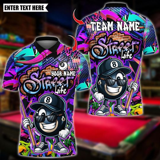 Discover Personalized Name Billiards Polo Shirt, Graffiti Street Life Catoon8 Ball Design, Custom Team Shirt for Men, Gift for Billiards Players