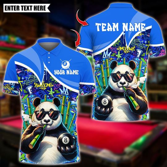 Discover Personalized Name Billiards Polo Shirt, Cute Panda 8 Ball Design, Custom Team Shirt for Men, Gift for Billiards Players
