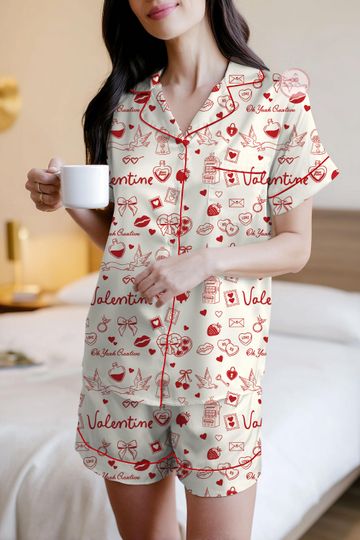 Valentine Print Pajama Set, Love Pattern Button-Up Sleepwear, Cozy Loungewear Gift, Valentine Gift for her
