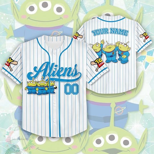 Discover Disney Toy Story Alien Baseball Jersey, Pixar Green Man Baseball Jersey, Alien Pizza Planet Shirt.