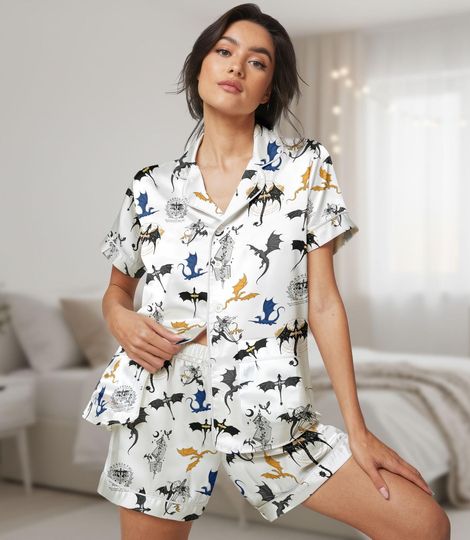 Fourth Wing Pajamas Short Set, Cute Matching Loungewear, Fantasy Short Sleeve Sleepwear, Cozy Dragon Lover Pjs, Gift For Fan