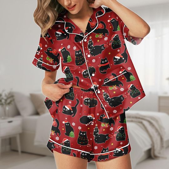 Discover Christmas Cat Short Pajamas, Festive Cat Pajamas Set, Holiday Sleepwear, Cat Pajamas, Christmas Gift