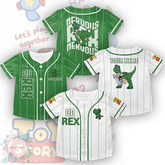 Discover Disney Toy Story Rex Baseball Jersey, Disneyland Rex Dinosaur Jersey, Disneyworld Matching Shirt, Walt Disney World Jersey.