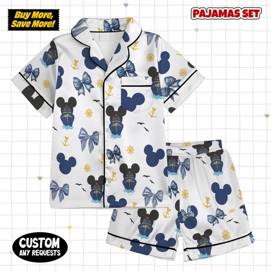 Discover Nautical Mouse Pajama Set, Magical Cruise Vacation Sleepwear, Navy Blue Bows and Anchors PJ Set, Disney-Inspired Loungewear