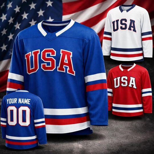 Custom USA Hockey Jersey with Name and Number, Personalized Team USA Ice Hockey Shirt, Patriotic American Sports Fan Gift for Men Women