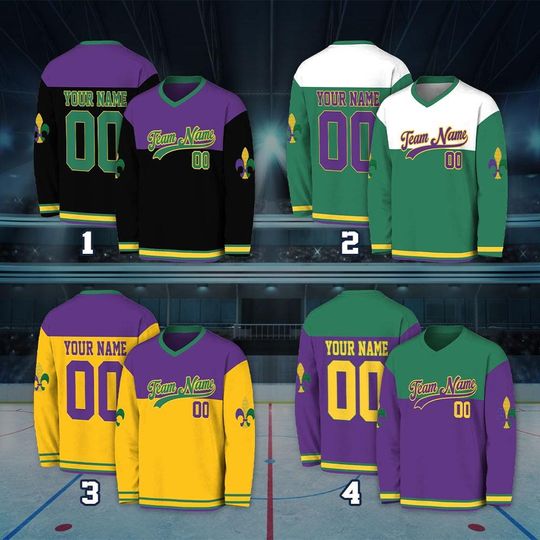 Discover Personalized Mardi Gras Hockey Jersey, Custom Name Mardi Gras Hockey Jersey, Hockey Jersey Uniform For Hockey Fans, Mardi Gras Outfit Gift
