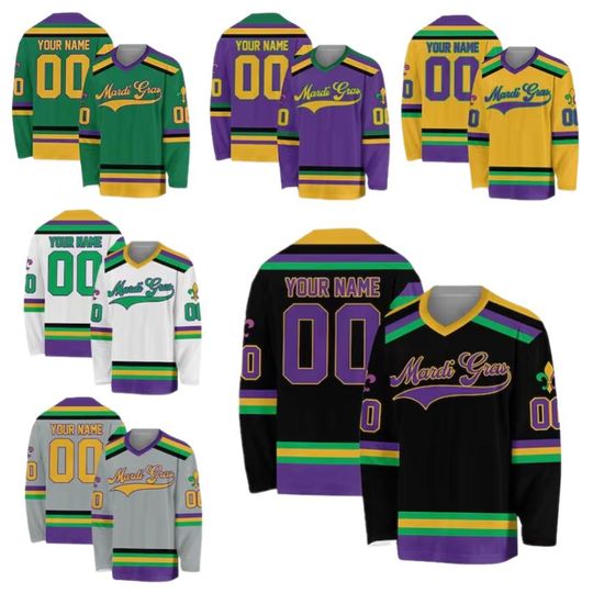 Discover Personalized Mardi Gras Hockey Jersey, Custom Name Mardi Gras Hockey Jersey, Hockey Jersey Uniform For Hockey Fans, Mardi Gras Outfit
