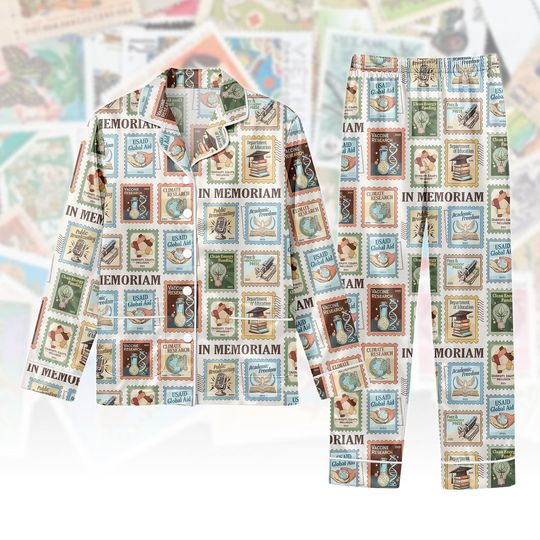 Discover In Memoriam Stamp Pajama Set, Vintage Quotes Long Sleeve Button PJs, Academic Bookish Lounge Set