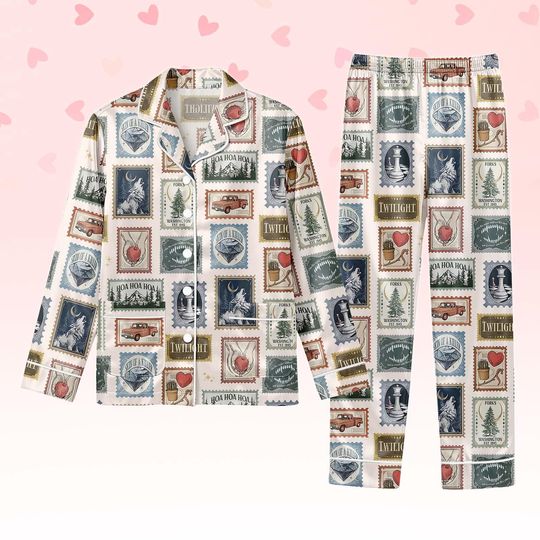 Discover Forest Stamp Pajama Set, Vintage Northwest Long Sleeve Button PJs, Cozy Bookish Cabin Sleepwear, Unisex Lounge Set