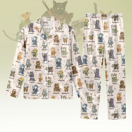 Discover Cute RPG Cats Pajama Set with Fantasy Kitten Print, Long Sleeve Button PJs for Adults, Unisex Lounge Sleepwear