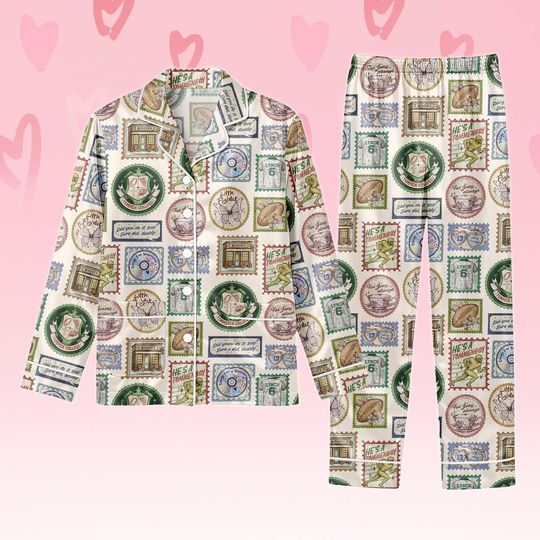 Discover Vintage Stamp Pajama Set, Cottagecore Postal Art Sleepwear, Cozy Long Sleeve Button Pajamas, Unisex Lounge Set