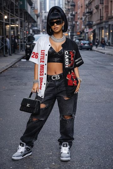 Discover Little Miss Drama Graphic Jersey Black and White Split Glam Streetwear