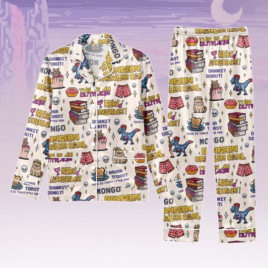 Gamer Dungeon Pajama Set with Pixel RPG Meme Print, Long Sleeve Button PJs, Unisex Cozy Lounge Set