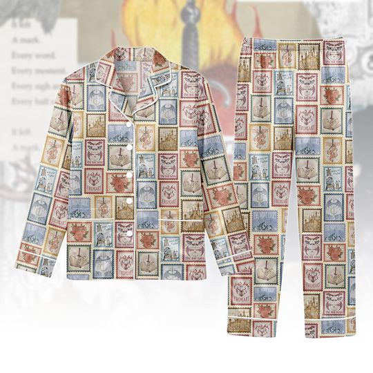 Discover Vintage Fantasy Stamp Pajama Set, Bookish Magic Icon Long Sleeve PJs, Cozy Reader Lounge Set