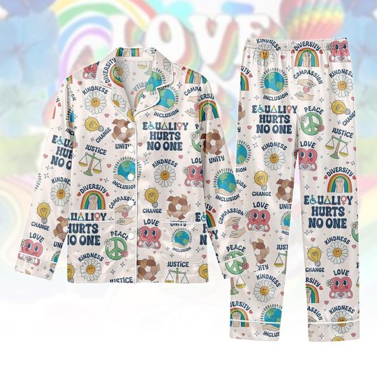 Discover Equality Hurts No One Pajama Set, Kindness & Inclusion Print Sleepwear, Pride-Inspired Cozy Pajamas for Adults