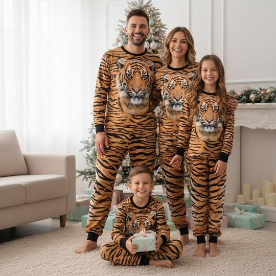 Discover Tiger Family Pajamas Set, Animal Print Long Sleeve Tee and Pants for Adults, Matching Sleepwear