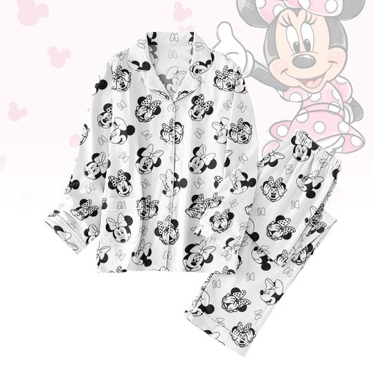 Discover Minnie Mouse Pajama Set for Adults, Black and White Disney Sleepwear, Funny Minnie Gift for Her