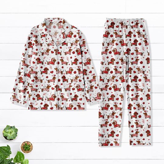 Discover Dachshund Valentine Pajamas Set for Women, Cute Dog Heart Sleepwear, Cozy Loungewear, Valentine Gift