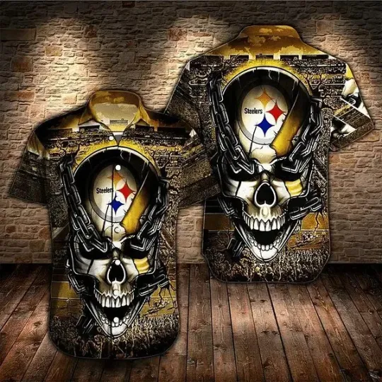 Discover Pittsburgh Football Iron Skull Golden Black Trendy Hawaiian Shirt Aloha Shirt