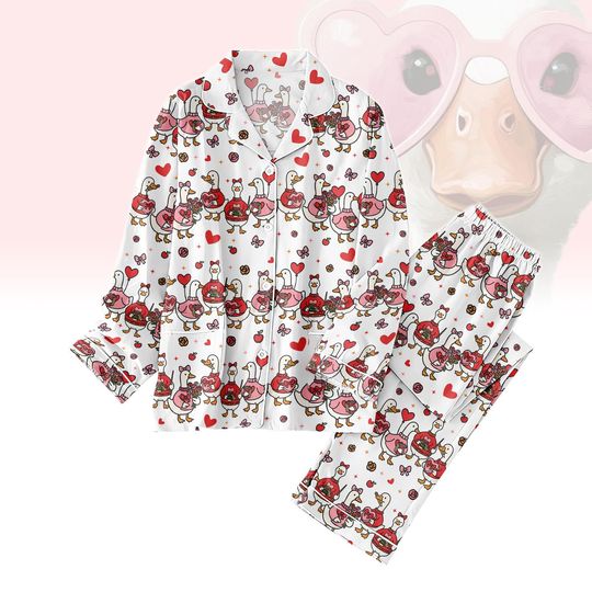 Discover Just a Love Goose Valentine Day Pajamas Set, Preppy Animal Sleepwear, Funny Valentine Pjs, Cute Goose Lover Gift, Coquette Valentine