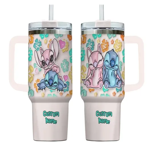 Personalized Stitch Angel Tumbler, Disney Couple Tumbler Cup, Cartoon Movie