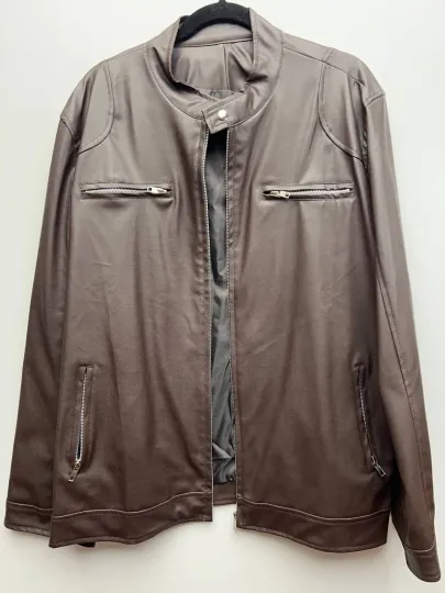 Discover Mens Brown Faux Leather Motorcycle Jacket XXL Polyester Lined Zip