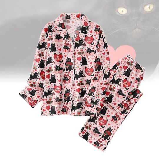 Discover Black Cat Valentine Pajamas Set, Cute Cat Heart Pjs For Women, Pink Valentines Sleepwear Gift, Funny Black Cat Pajama, Gift For Her