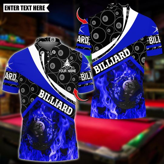 Discover Personalized Name Billiards Polo Shirt, Flaming 8 Ball Pool Design, Custom Team Shirt for Men, Gift for Billiards Players