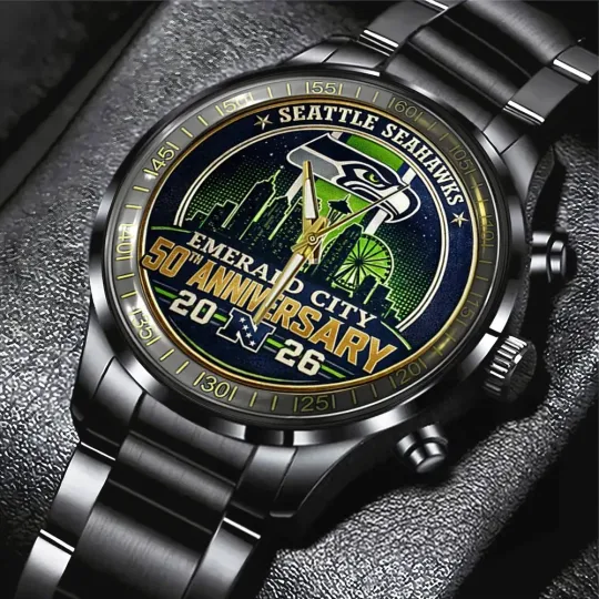 Seahawks Black Stainless Steel Calendar Band Watch