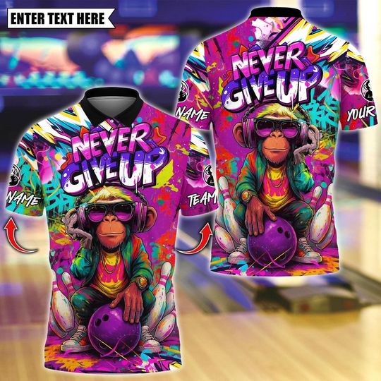 Discover Personalized Bowling Polo Shirt, Never Give Up Funky Monkey Graffiti Bowling Design, Custom Bowling Polo, Personalized Name Team 3D Shirt