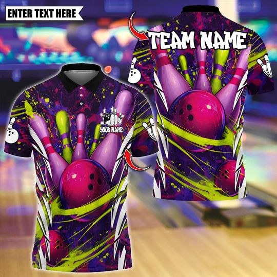 Discover Custom Bowling Team Polo Shirt, Bowling Pin Neon Splash Design, Personalized Bowling Jersey for Men, Personalized Name Team 3D Shirt
