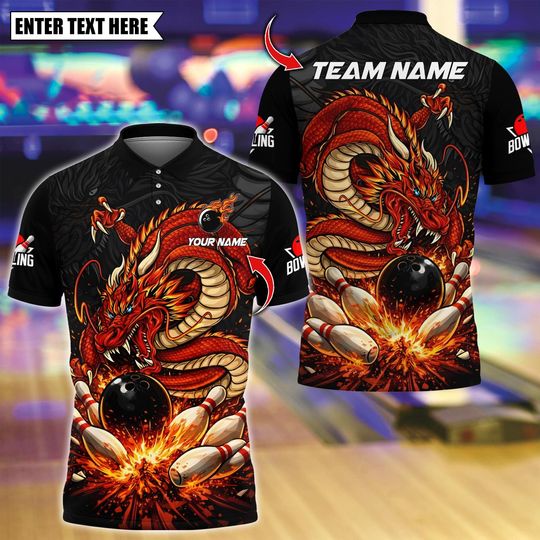 Discover Custom Bowling Team T-Shirt, Bowling Shirt Fire Dragon Legendary Strike Design, Personalized Bowling Jersey for Men, Name Team 3D Shirt