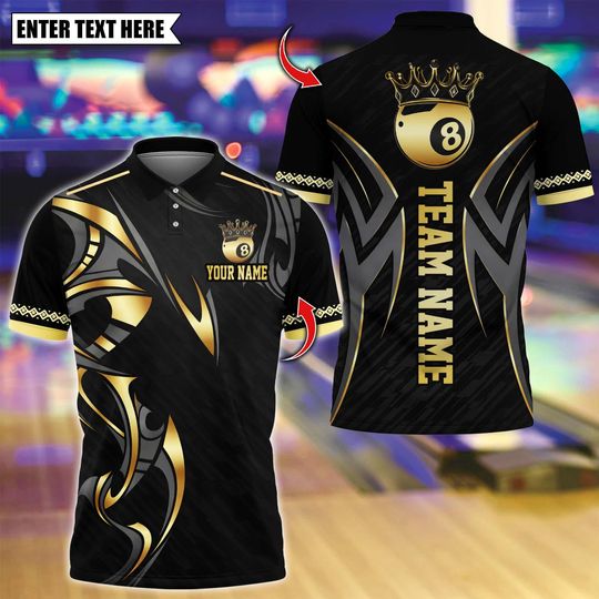 Discover Personalized Name Billiards Polo Shirt, Billiard Ball 8 Crown Design, Custom Team Shirt for Men, Gift for Billiards Players