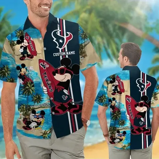Discover Houston Football Mickey Name Personalized Short Sleeve Button Up Tropical Hawaiian