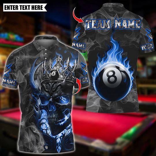 Discover Personalized Name Billiards Polo Shirt, Billiard Skull Ball 8 Flame Design, Custom Team Shirt for Men, Gift for Billiards Players
