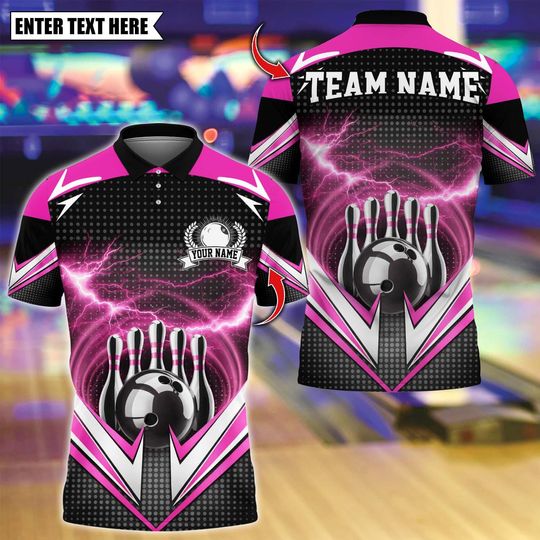 Discover Custom Bowling Team T-Shirt, Bowling And Pins With Thunder Design, Personalized Bowling Jersey for Men,Personalized Name Team 3D Shirt