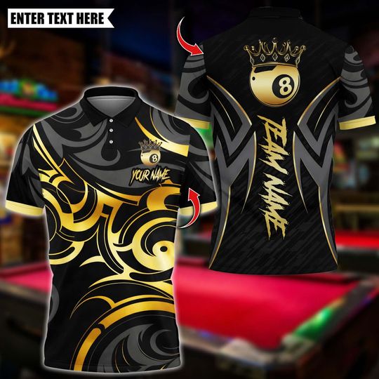 Discover Personalized Name Billiards Polo Shirt, Gold 8 Ball Crown Tribal Swirl Design, Custom Team Shirt for Men, Gift for Billiards Players