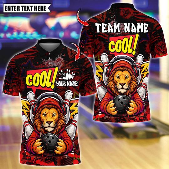 Discover Custom Bowling Team T-Shirt, Cool Lion Graffiti Bowling Pin Design, Personalized Bowling Jersey for Men, Personalized Name Team 3D Shirt
