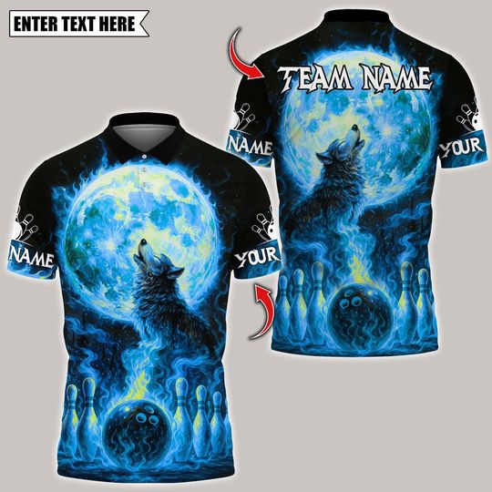 Discover Custom Moon Wolf Bowling Polo Shirt, Flame Pattern with Pins Polo, Personalized Bowling Polo for Men & Women,Name Team 3D Shirt,Gift For Man