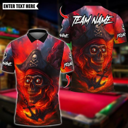 Discover Personalized Name Billiards Polo Shirt, Pirate Skull Flame 8 Ball Design, Custom Team Shirt for Men, Gift for Billiards Players