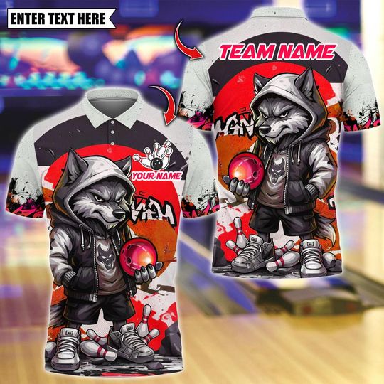 Discover Personalized Bowling Polo Shirt, Cool StreetStyle Wolf With Bowling Design, Custom Bowling Polo for Men, Personalized Name Team 3D Shirt