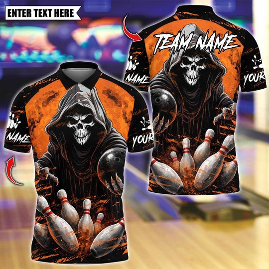 Discover Personalized Bowling Polo Shirt, Flaming Reaper Bowling Design, Custom Bowling Polo for Men Women, Personalized Name Team 3D Shirt