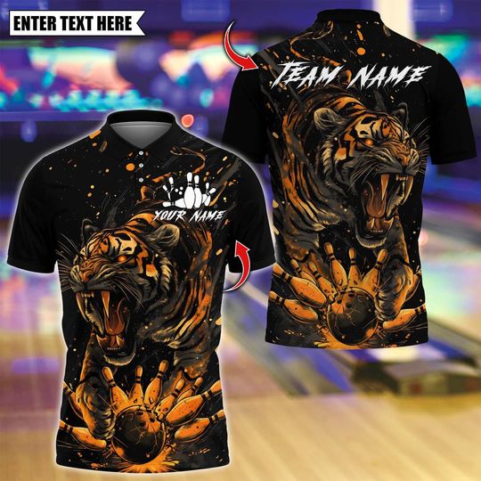 Discover Personalized Bowling Polo Shirt, Tiger Explosion Pins Design, Custom Bowling Polo for Men Women, Personalized Name Team 3D Shirt