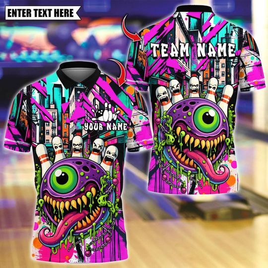 Discover Personalized Bowling Polo Shirt, Alien Cyclops Monster Ball Bowling Design, Custom Bowling Polo for Men, Personalized Name Team 3D Shirt